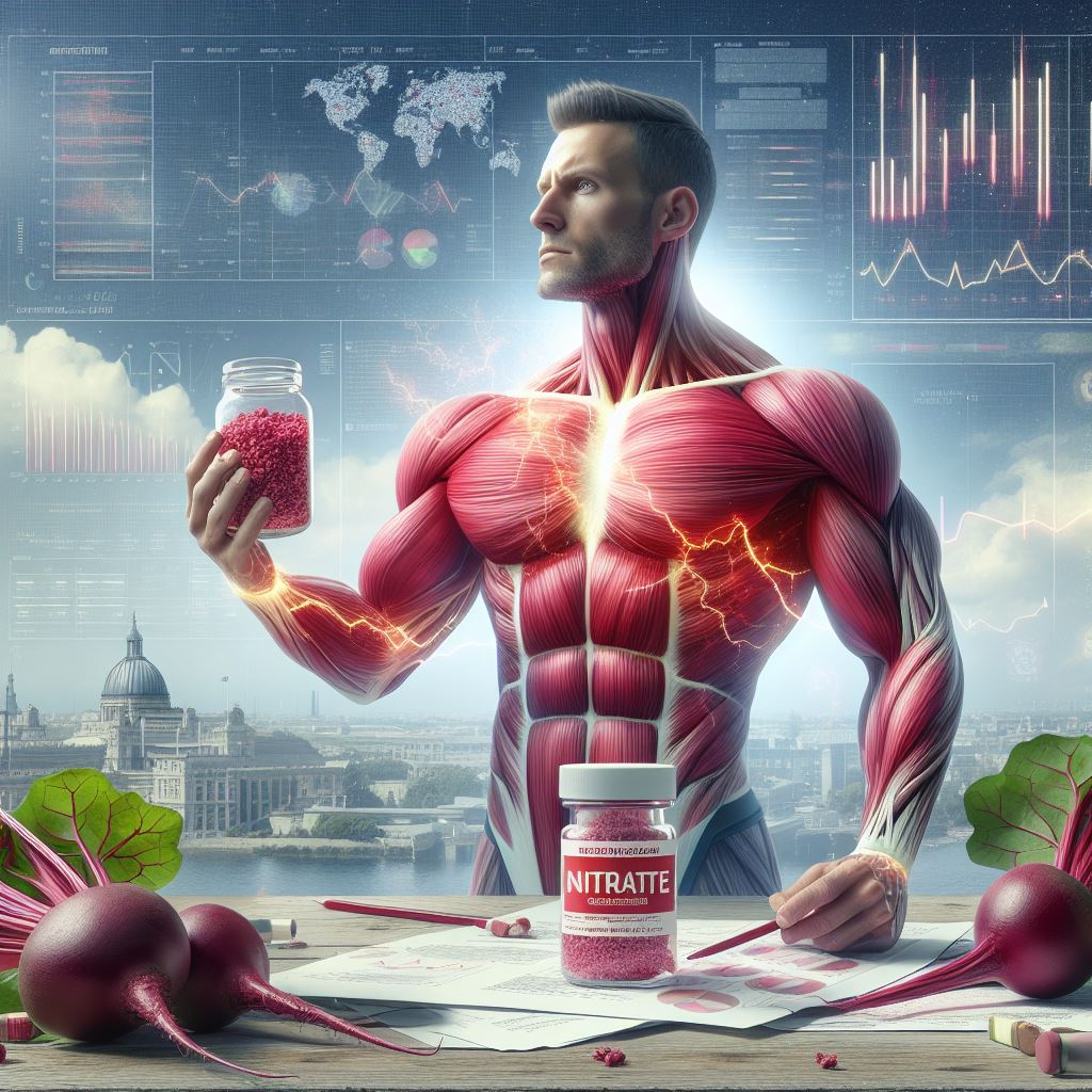 White, Superman-looking athlete, with their muscles showing from underneath the skin, holding a jar of red pills. Another jar of pills, labeled "Nitrates," and several large beetroots lie on a table in the foreground.