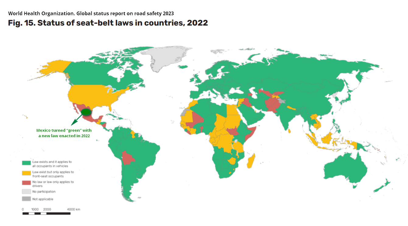 World country map of seat-belt law status, 2022. Source: Figure 15 from Global status report on road safety 2023. Geneva: World Health Organization; 2023. Licence: CC BY-NC-SA 3.0 IGO.